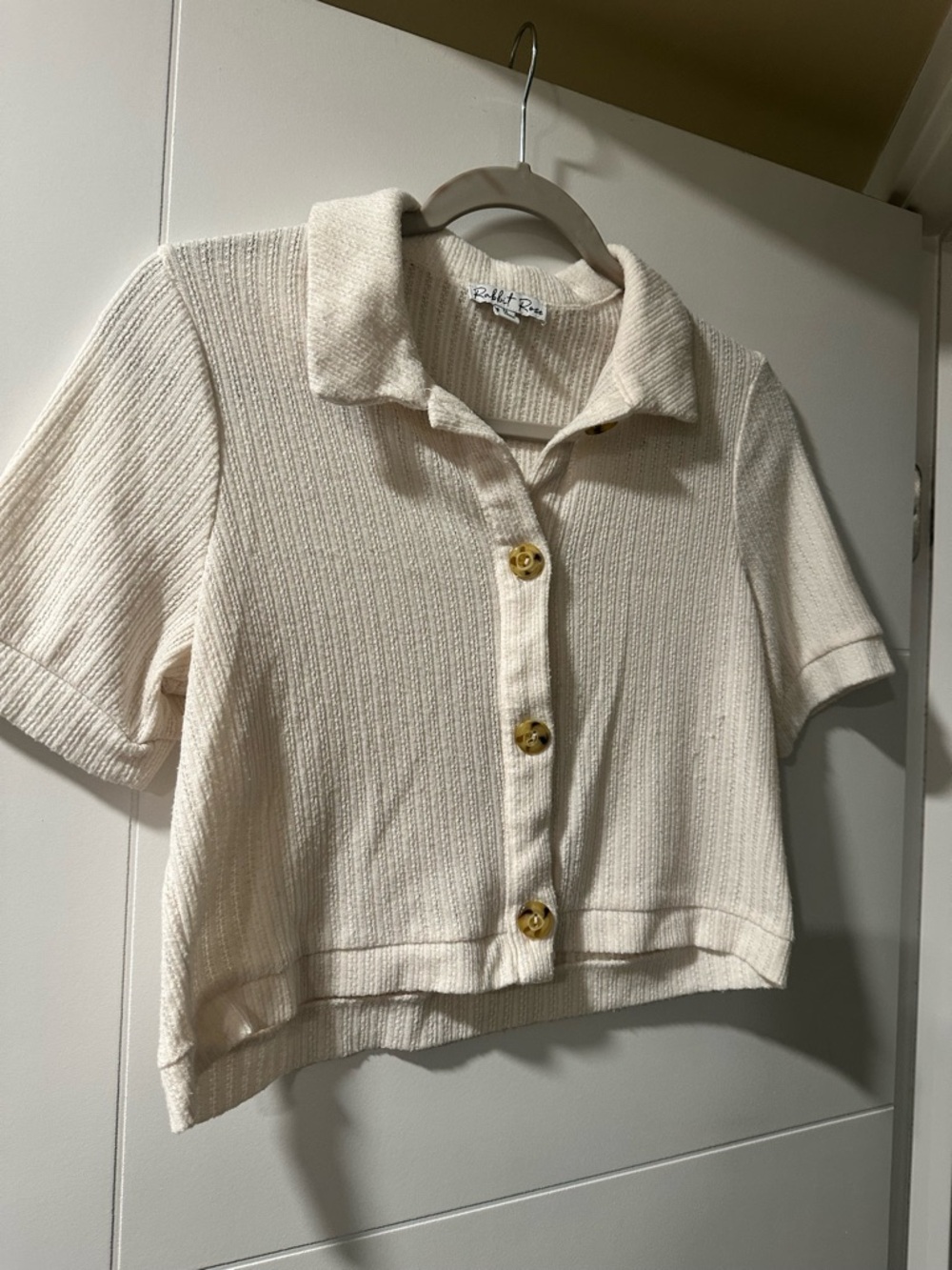 Cream Ribbed Knit Polo Button-Up Top